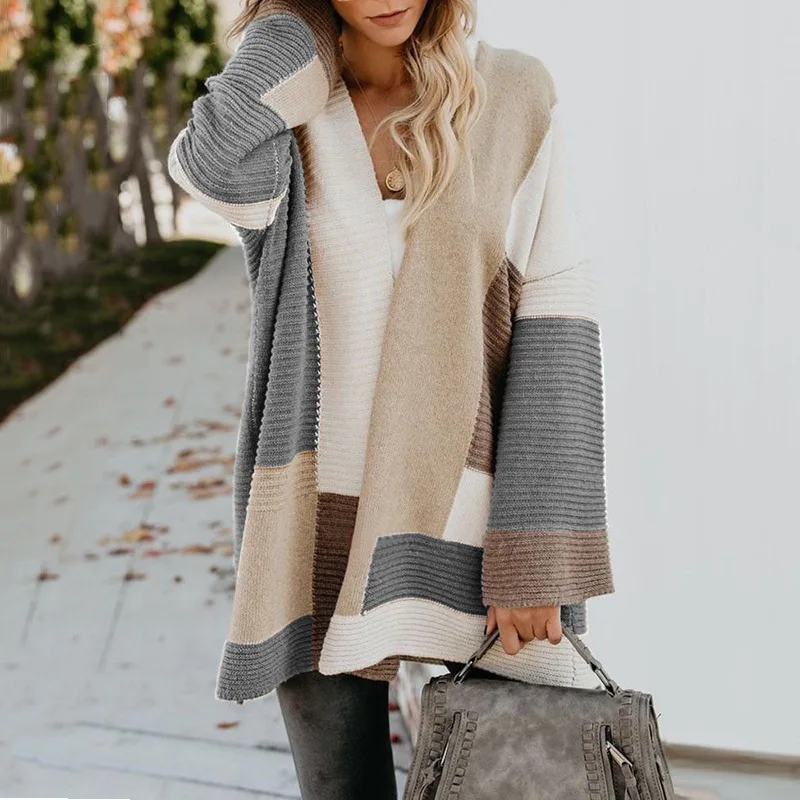 

2023 New Autumn and Winter Elegant Combination Knitwear Geometric Contrast Color Cardigan Fashion Commuter Women's Casual Top