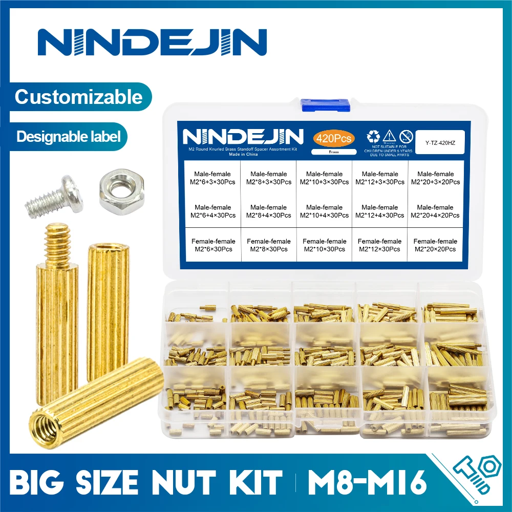 NINDEJIN 420/440Pcs 널링 라운드 황동 스탠드 오프 스페이서 키트 ..