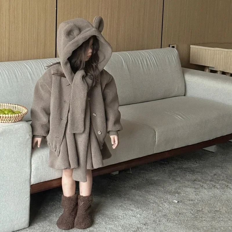 

Корейский ретро кашемировый комплект для девочек 2023 зимняя модная детская зимняя теплая кашемировая одежда из трех предметов