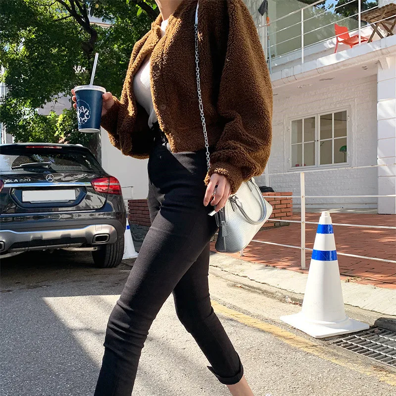 Korean Fashion Girls Berber Fleece Coat Short Cut Long Sleeves Small Size Young Lady Spring Fall Coat