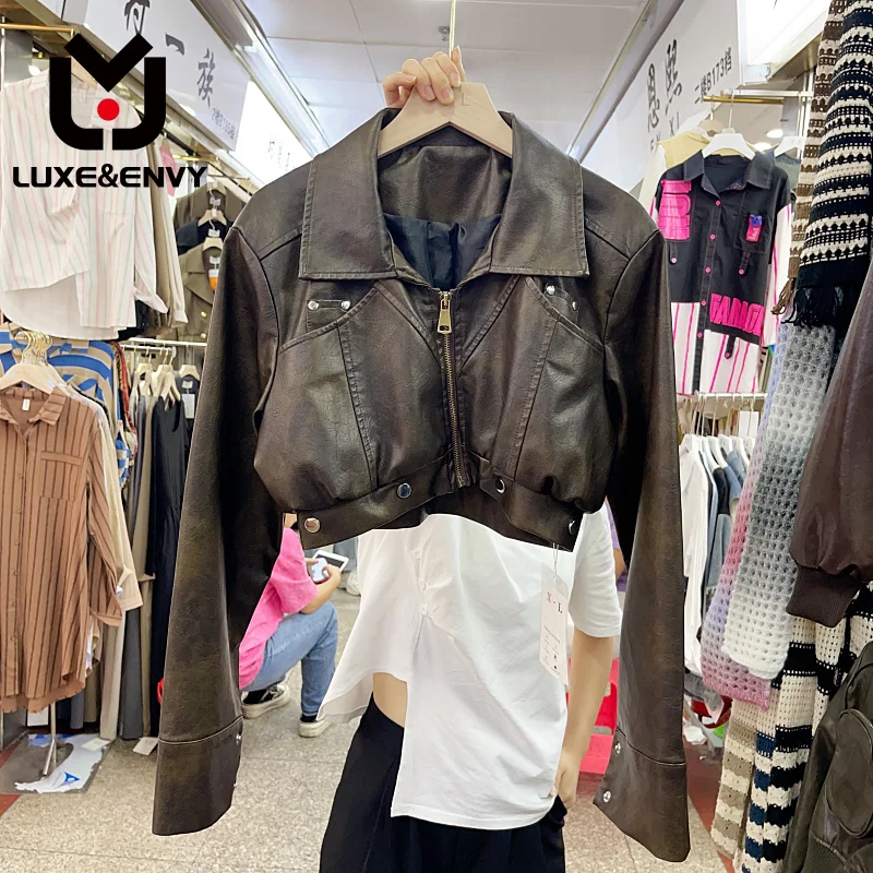 

LUXE&ENVYKorean Autumn New Retro Spicy Girl Style PU Leather Rivet Design High Waist Jacket Motorcycle Short Coat 2023 Autumn