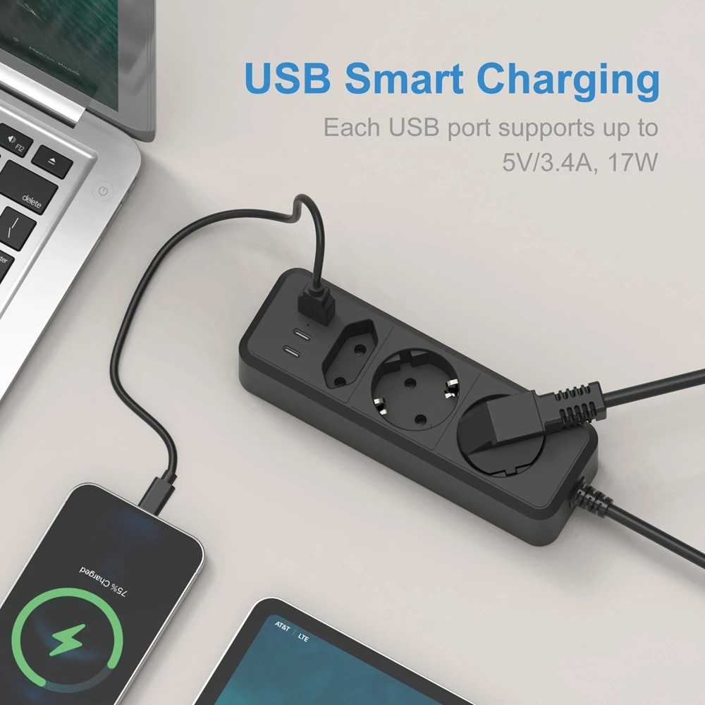 Power Strip 6 IN 1 2500W EU Plug 1.5M Extension Cord Socket Extender With 3AC Outlets 3USB 17W Fast Charging 7 Safety System