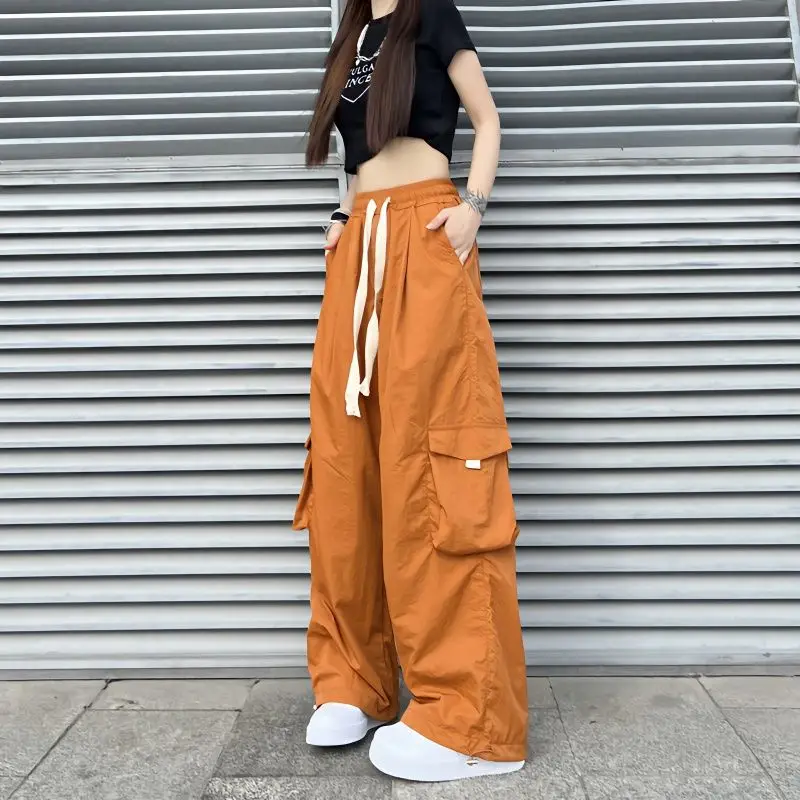 Streetwear Women Oversize Solid Cargo Pants Elastic Waist Drawcord