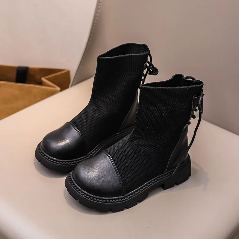 Black Leather Kids Platform Boots for School