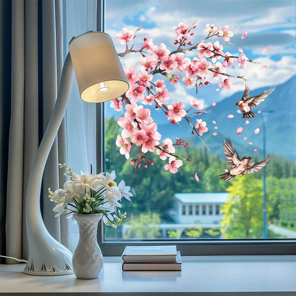 Pink Peach Blossom Bird Branch Water Painting Background Wall Stickers Window Self-adhesive Decal for Living Room