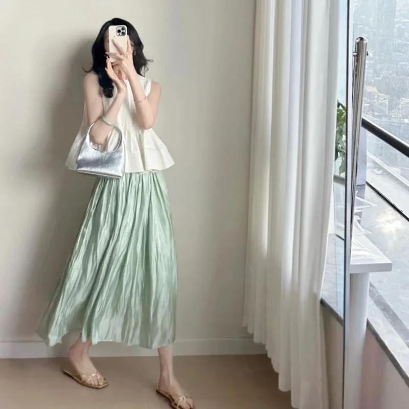 Maternity Clothing Set with Belly Support Long Skirt Versatile Korean Style Top Bottom Half Length Folded Design for Pregnant Wo