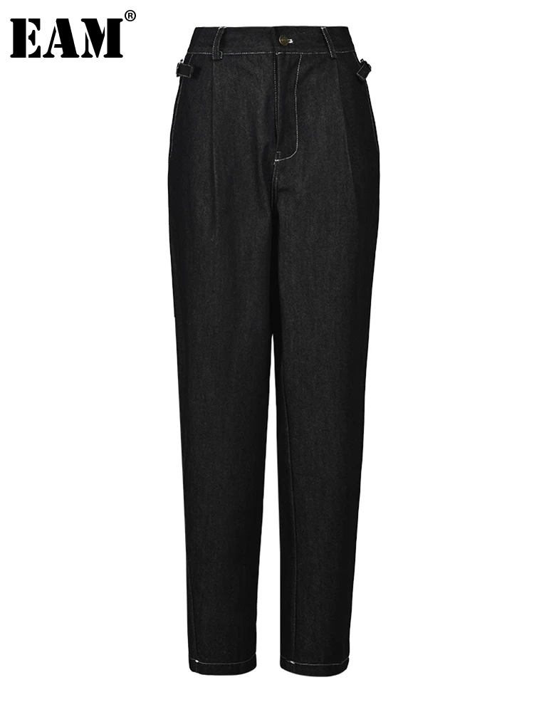 [EAM] High Elastic Waist Black Denim Long Buckle Pants New Loose Fit