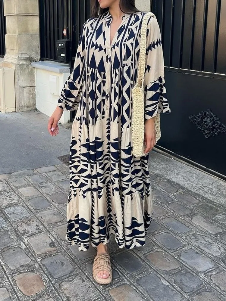 

Spring Summer Women Single Breasted Button Lapel Long Sleeve Dresses Print Oversized Vestidos Robe Lady Boho Maxi Shirt Dress