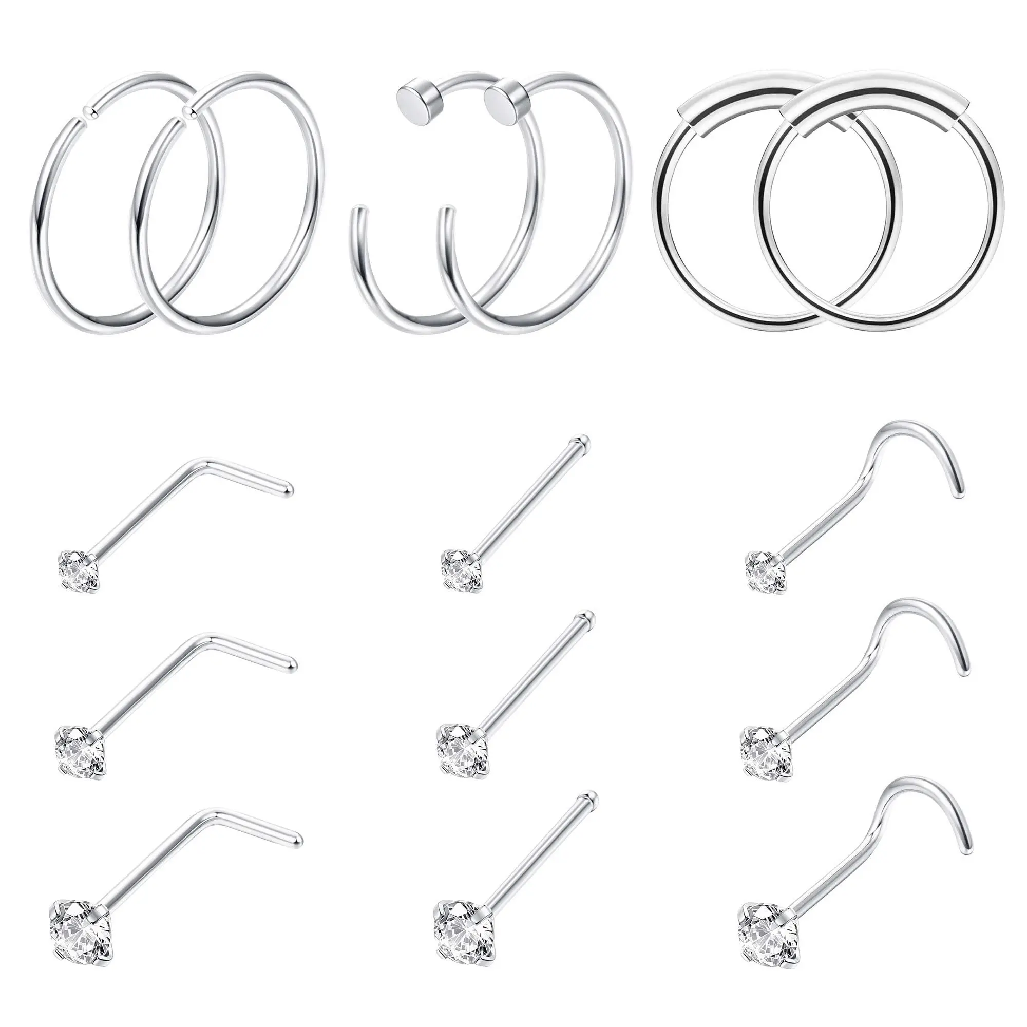 

15PCS 20G Surgical Steel Nose Rings Multiple Colors Hoop Studs Cartilage Earrings Body Piercing Jewelry 1.5mm 2mm 2.5mm CZ