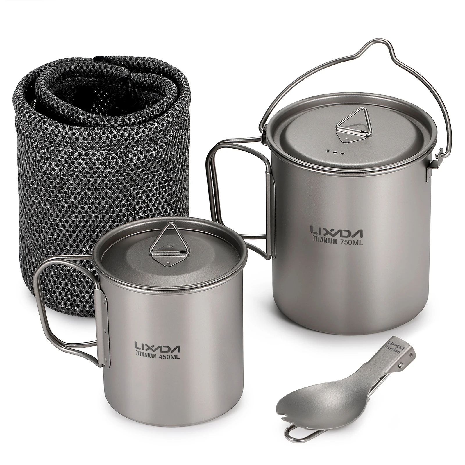 Lixada Titanium 750ml Pot Camping Tableware 420ml Water Mug Folding