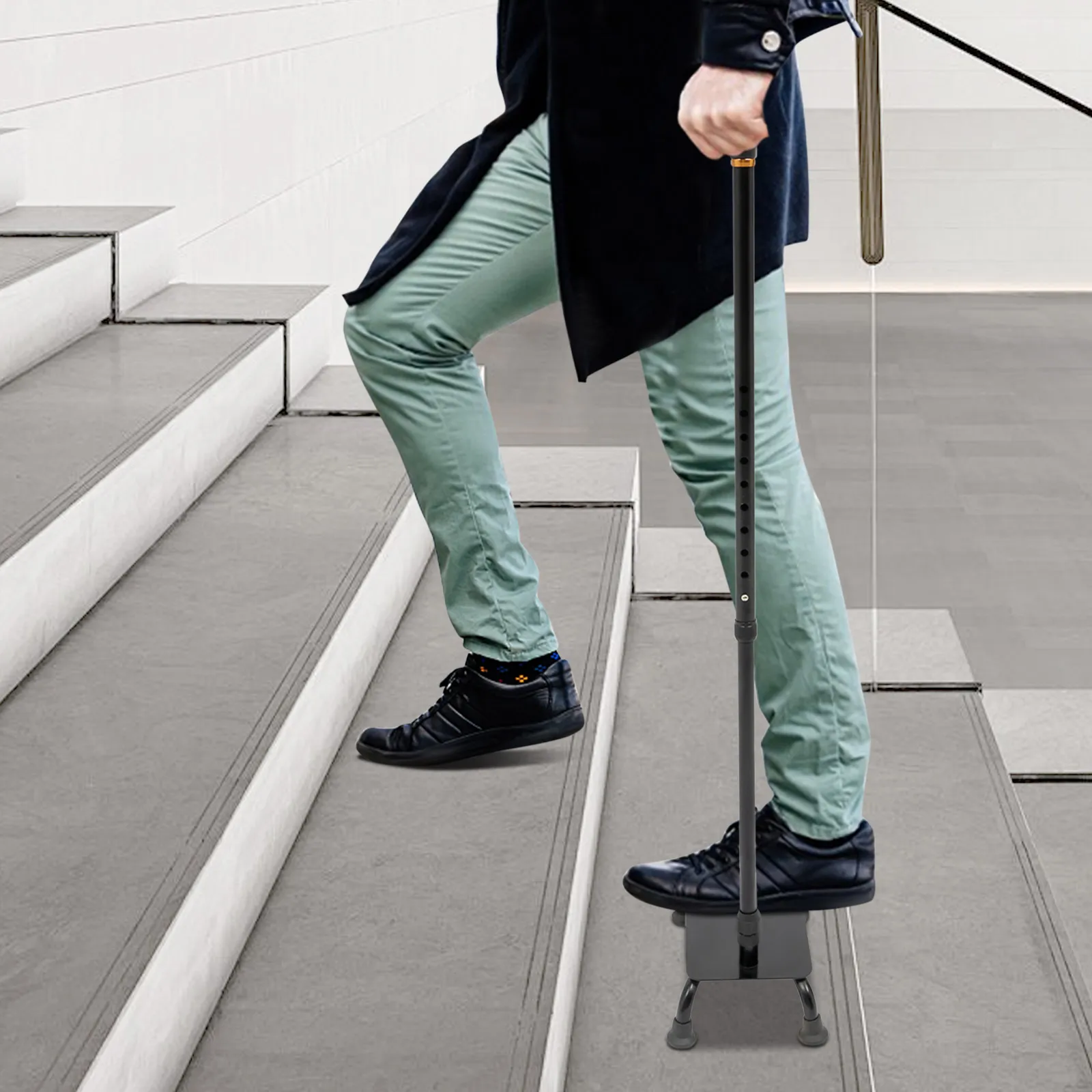 2-in-1 Stair Climbing Cane Heavy Duty Assist Cane Adjustable Convertible Walking Stick w/9" Pedal for Elderly & Mobility Aid