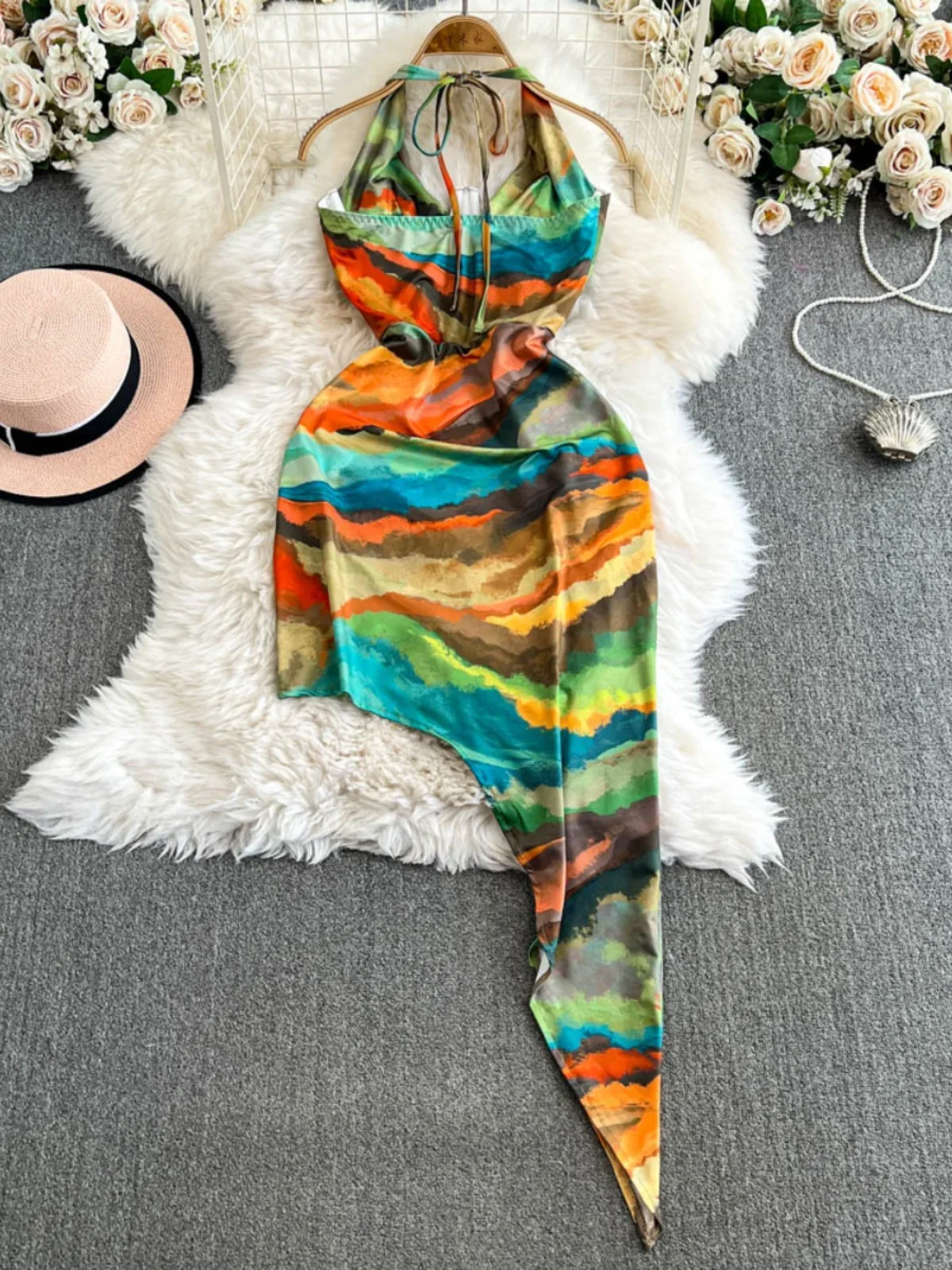 slim fit dress slacks Sheer Boho Tie-Dye Beach Halter Dress main image 1