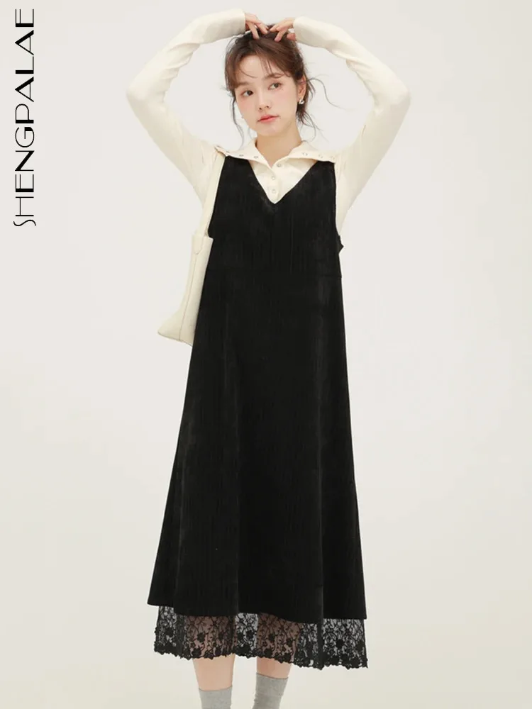 

Женское кружевное платье SHENGPALAE, однотонное платье без рукавов с v-образным вырезом, осень 2023, R7848