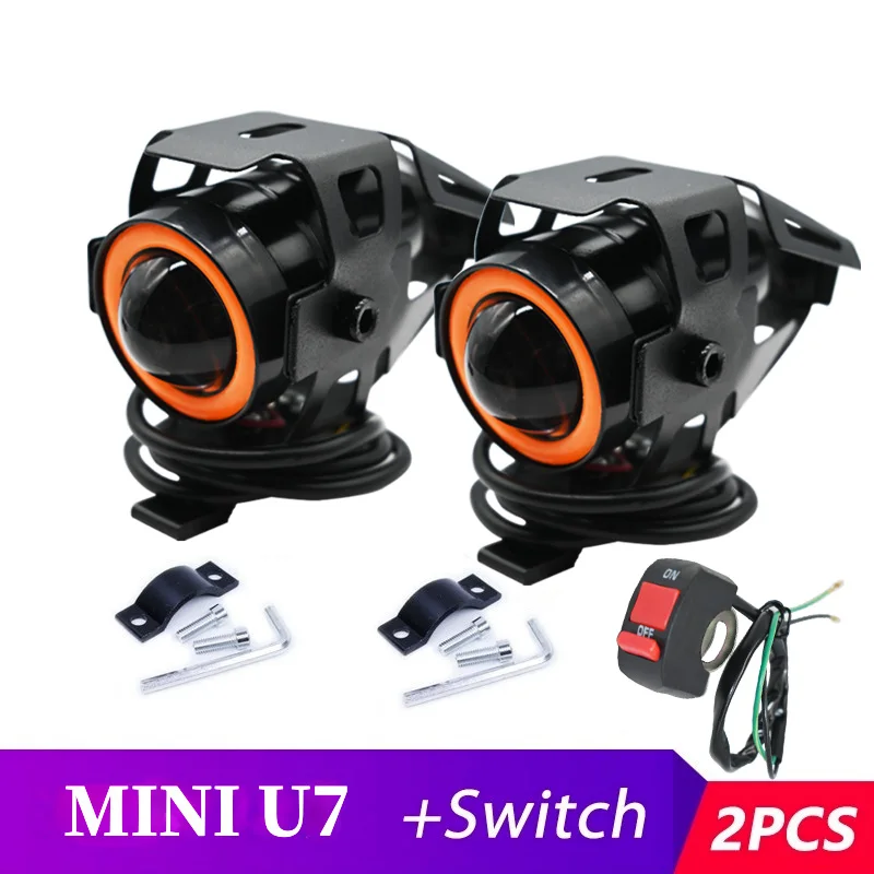 Motorcycle Led Headlight Driving Moto Spotlight With Switch Mini U7  12V Fog Spot Head Light Angel Eye