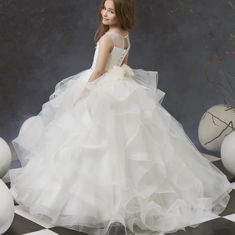 

White Tiered Tulle Puffy Flower Girl Dress For Wedding Lace Beading With Bow Birthday Prom Formal Party First Communion Gowns