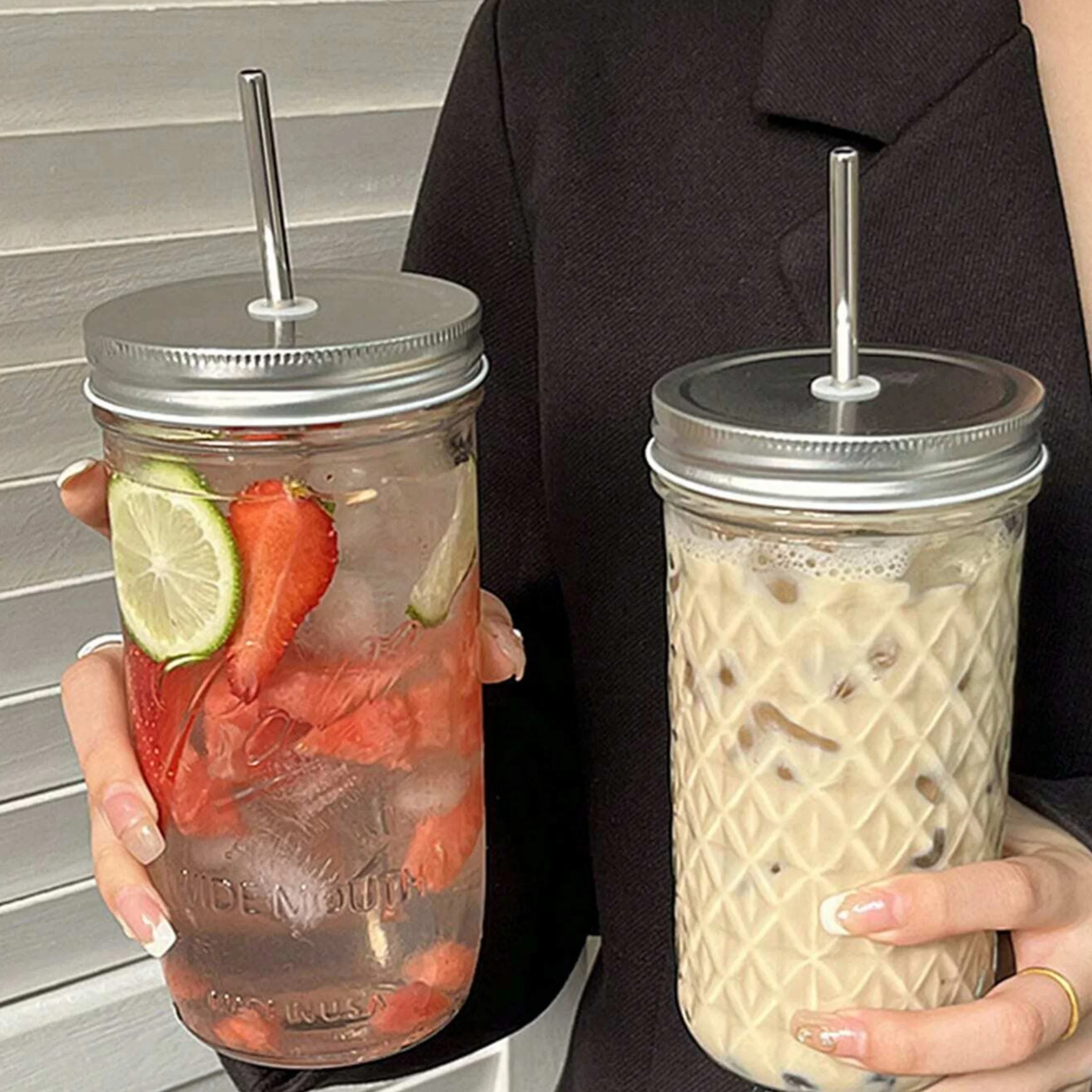 Description Picture 3 of itemIns Style Clear Glass Cup With Straw Lid Large Capacity Heat Resistance Boba Milk Tea Glasses Coffee Mug Juice Cold Drink Cup