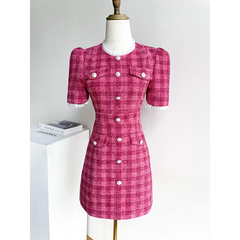 

Elegant Woman Dress High End Plaid Slim Dress Mini Short Sleeved Party Clothing