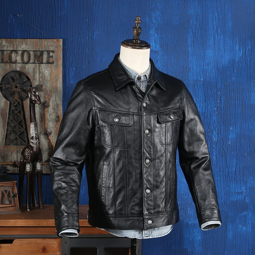 

Men's Cowhide Jacket 2023 Single Spring Breasted Quality Qenuine Leather Jackets Motorcycle Black Japan Retro Casual Male Coat
