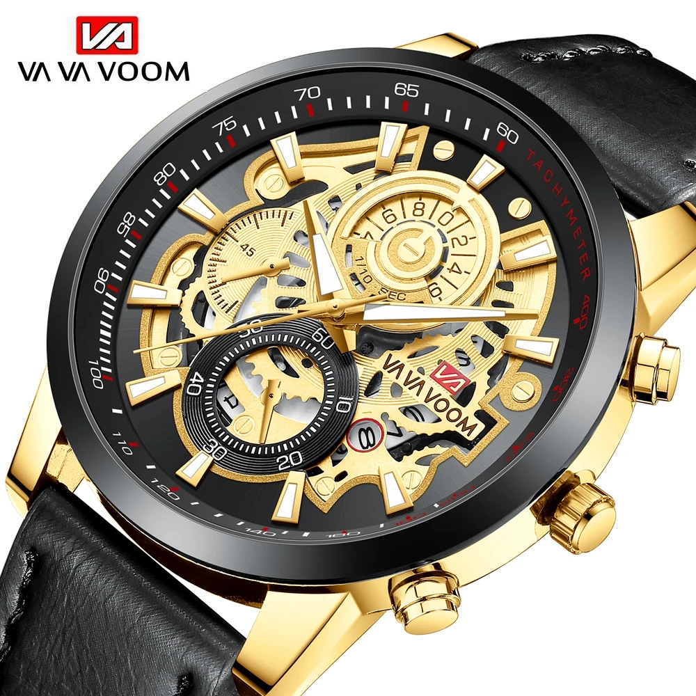 Brand Men Leather Watch Fashion Industrial Gear Clock 45mm Gold Quartz Movement Waterproof Man Military Sports Watch_voghion.com