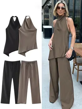 HH Women Vintage Solid Pant Sets Sexy Backless Halter Camis Top Asymmetric Tank Top + Drawstring Trousers Fashion Streetwear