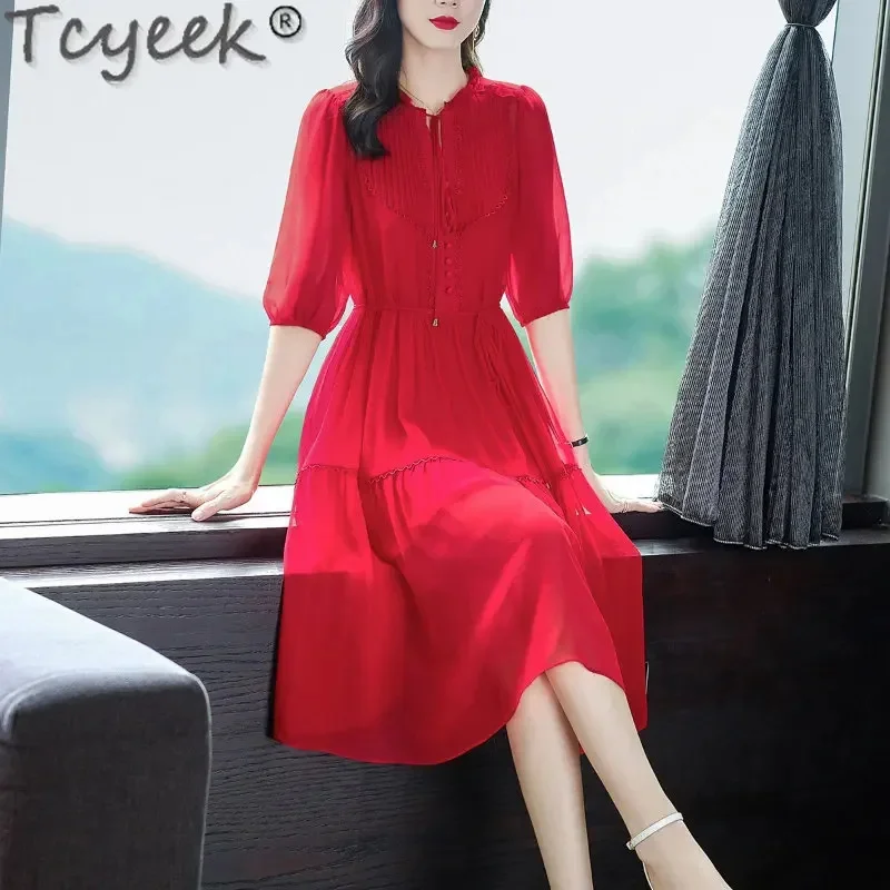 

95% Tcyeek Mulberry Real Silk Summer Lace Up Waist Solid Red es for Women High Quality Fairy Dress Vestido Feminino