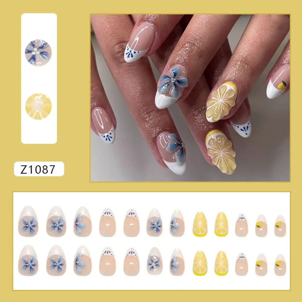 24pcs Manicure Long Almond False Nails Flowers Aurora French Fake Nials Detachable Cat Eye Stars Press on Nails Women