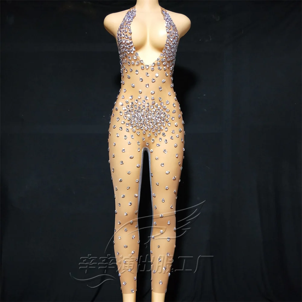 

Nightclub Female Singer DJ Stage Performance Costume Ladies Sexy Grey Velvet Rhinestone Stretch Jumpsuit