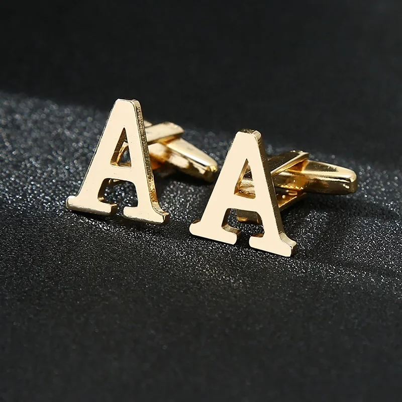 High Quality Gold Color English Letters A-Z Cufflinks for Men Luxury Jewelry Shirt Cuff Links French Business Accessories