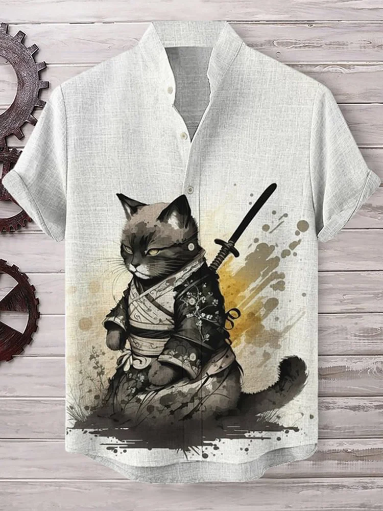 2024 Summer Cat Print Henry Shirt For Men Popular Men's Short sleeved Shirt  Fashion Casual Oversize Hawaiian Men's Top 2