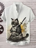 2024 Summer Cat Print Henry Shirt For Men Popular Men's Short sleeved Shirt  Fashion Casual Oversize Hawaiian Men's Top 2