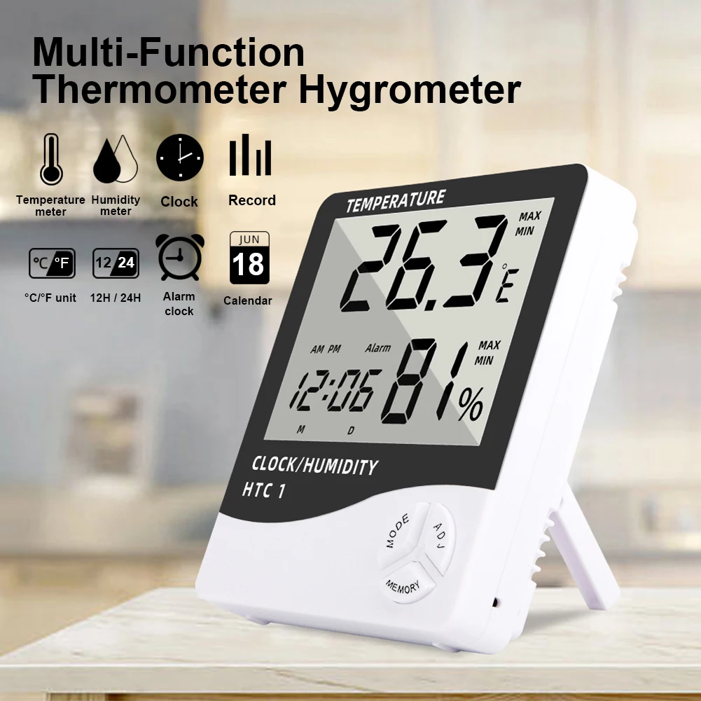 

Hydrometer Thermometer Digital Alarm Clock Temperature Humidity Meter Battery Operated with LCD Display Calendar Max./Min. Temp