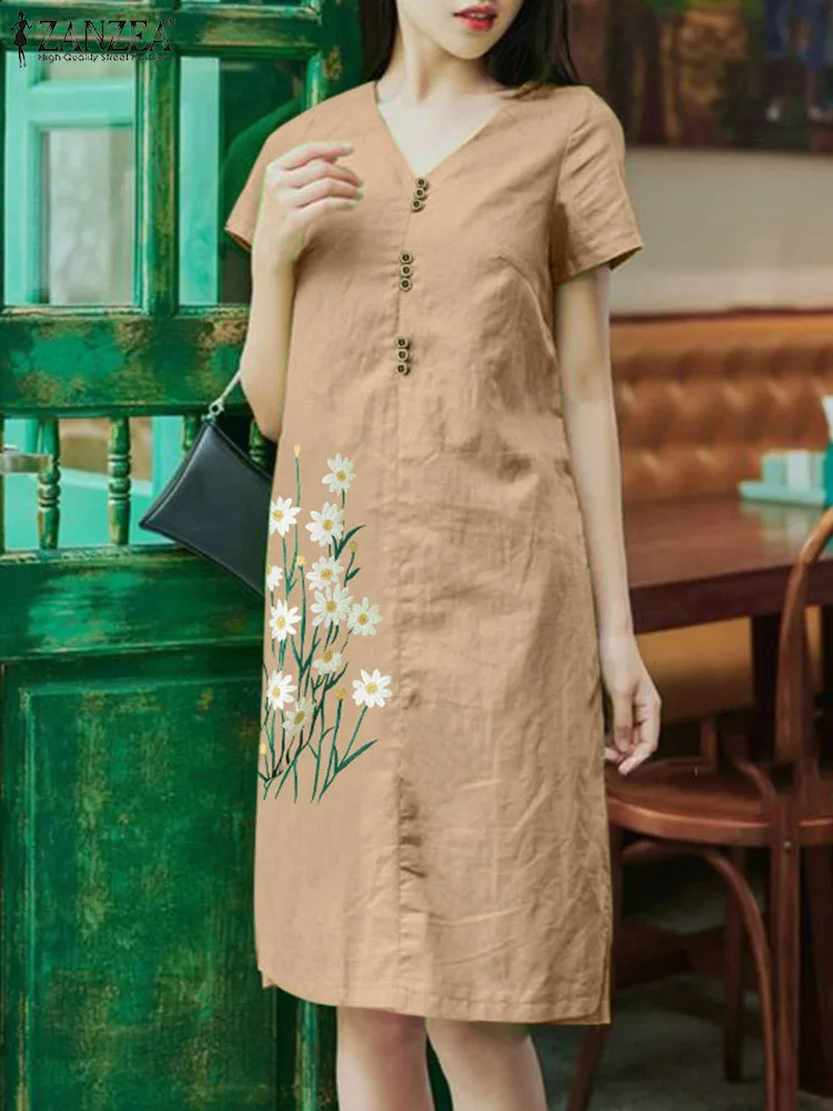 

Женское платье с V-образным вырезом и цветочной вышивкой, женское платье ZANZEA, летний сарафан с коротким рукавом, повседневные праздничные платья