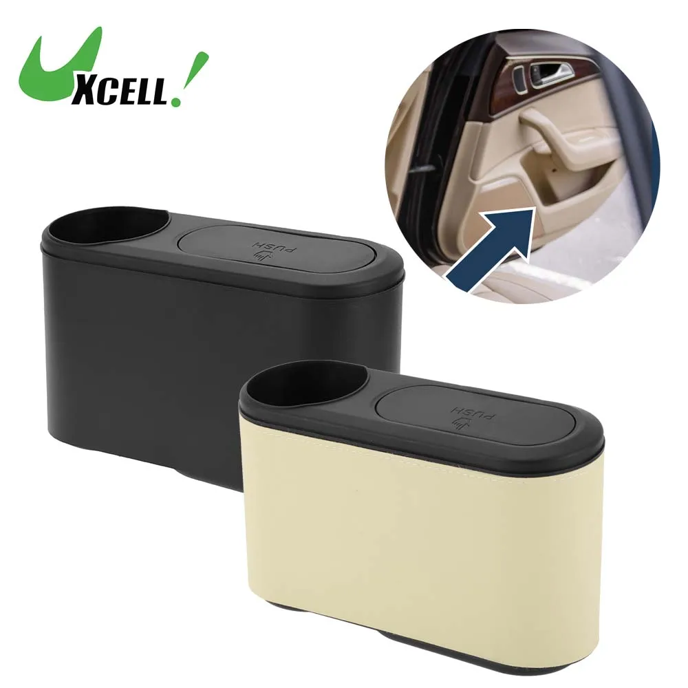 UXCELL Car Trash Can Hanging Car Door Plastic Square Pressing Type Trash Bin Vehicle Garbage Storage Box with Cup Holder