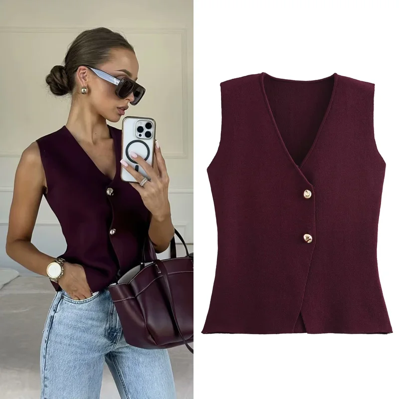 HXAO 2024 Woman Burgundy Knit Vest Women's Vest Fall Crop
