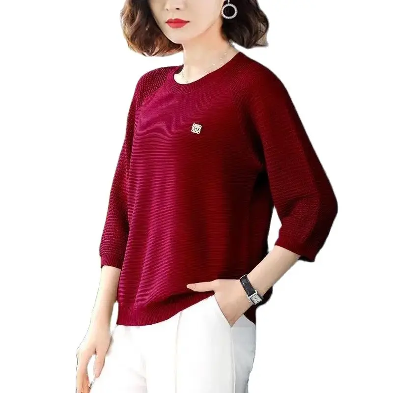 

2022 Women's Ice Silk Summer Coat Three Quarter Sleeves New Pullover Crew Neck Knitted Female Top Loose Fashion T-Shirt