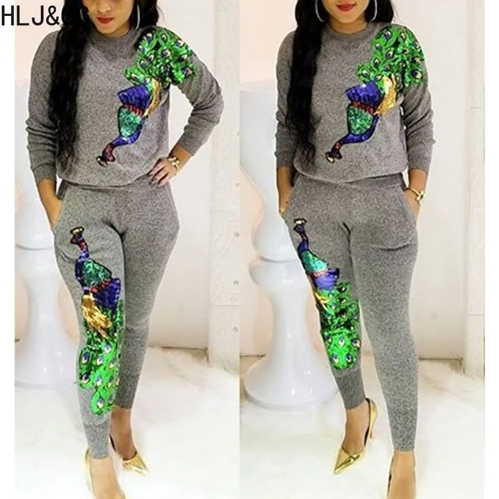 HLJ&GG Spring Fashion Sequin Embroidered Printing Two Piece Sets Women Round Neck Long Sleeve Top And Jogger Pants Outfits 2024