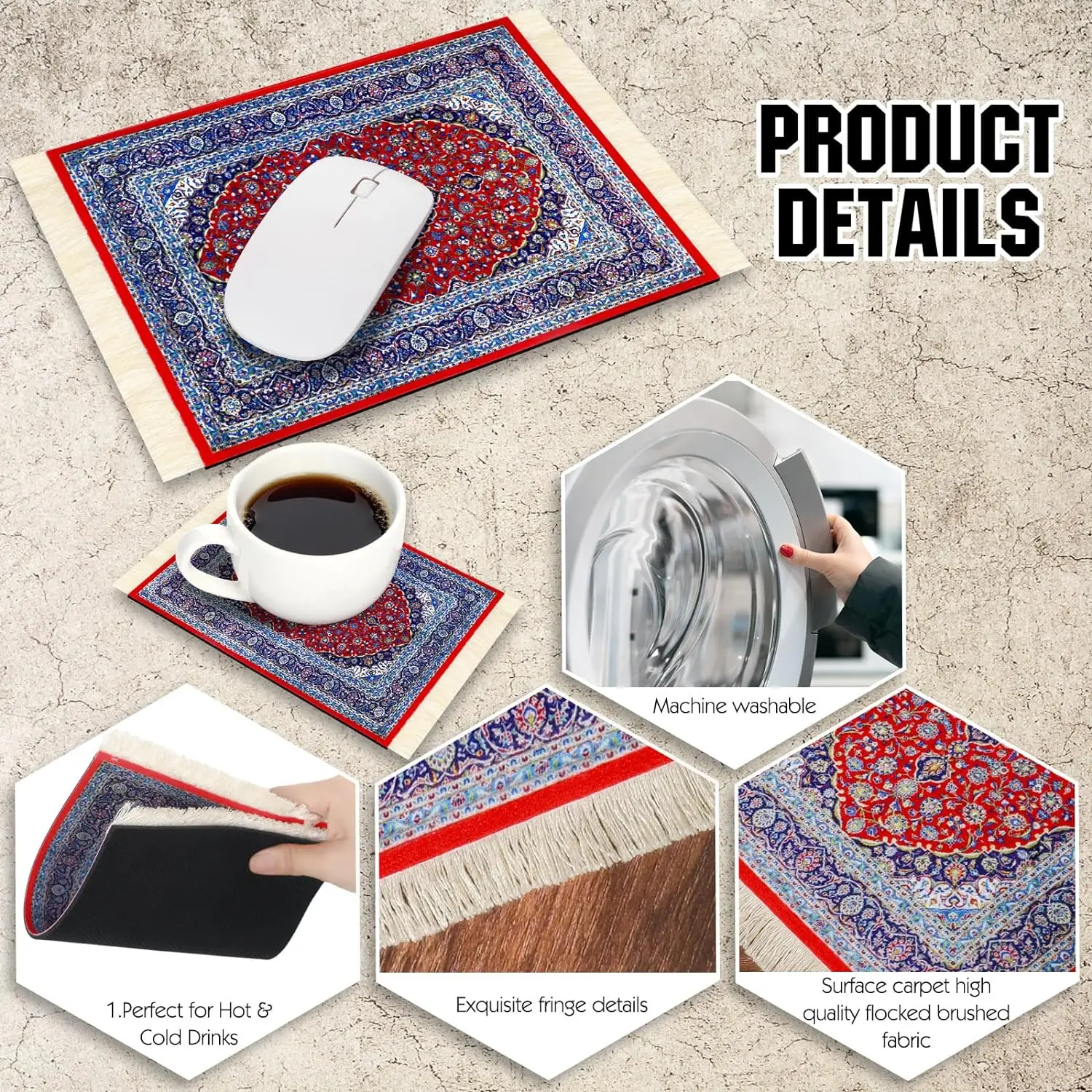Gaming Mousepad Mouse Pad Computer Desk Mat PC Mouse Pad Persian Mini Woven Rug Mat Mousepad Retro Style Carpet Pattern Cup laptop with Home Office Table Decor Craft table