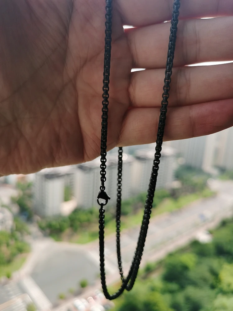 Black Solid Titanium Box Chain Necklace 3mm Unisex Full Titanium