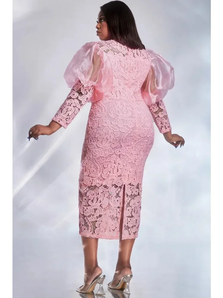Women Plus Size Formal Dress Pink Lace Puff Sleeve See-Through Midi Dress Elegant Sweet Wedding Guest Cocktail Bodycon Dresses - AliExpress 200000532 Women Plus Size Formal Dress Pink Lace Puff Sleeve See-Through Midi Dress Elegant Sweet Wedding Guest Cocktail Bodycon Dresses - AliExpress 200000532