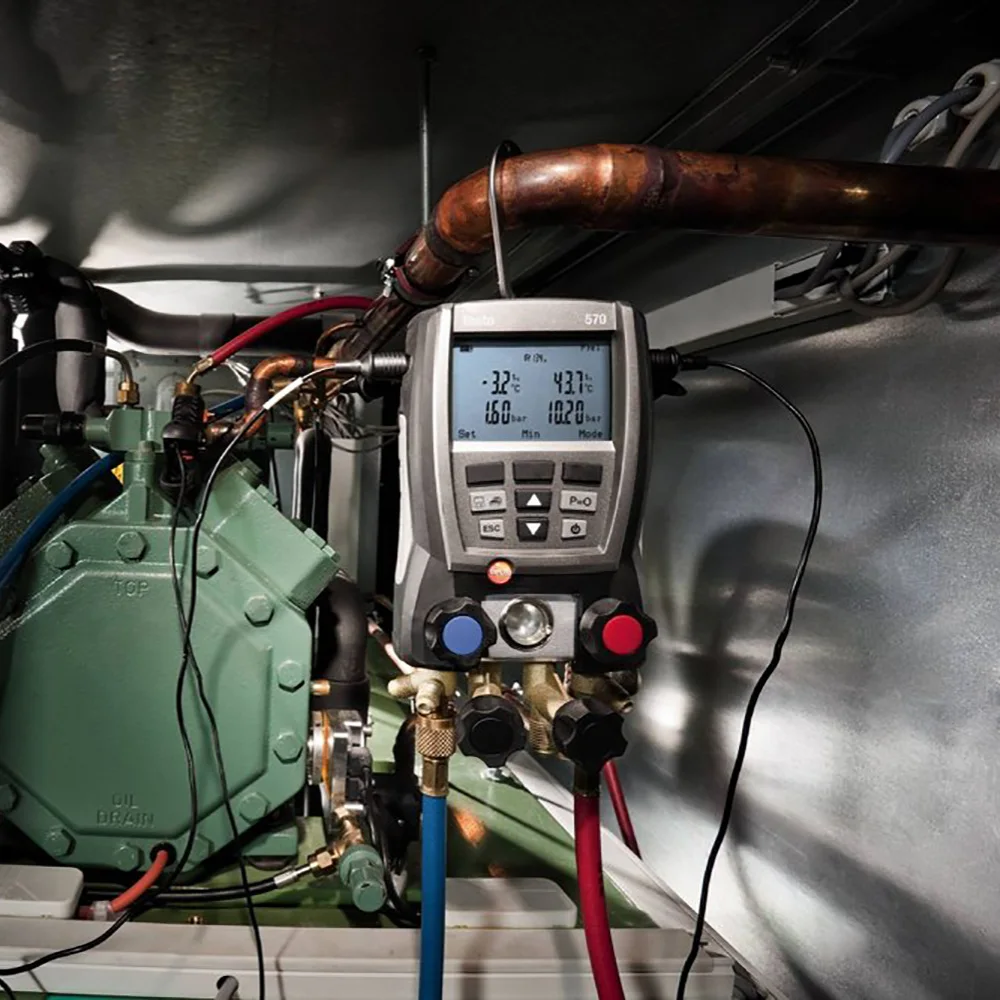 Testo 570-2 Digital Manifold Gauge Kit 4 Valves With 2 Clamps Refrigeration Pressure Gauge Data Storage Internal Vacuum Sensor