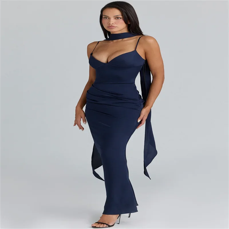 Sexy Maxikleid mit Schleifen für Damen, V-Ausschnitt, Rückenfreies Ärmelloses Kleid mit Geraffter Taille, Meerjungfrauenkleid für Frühling, Abend und Partys – Detail 6