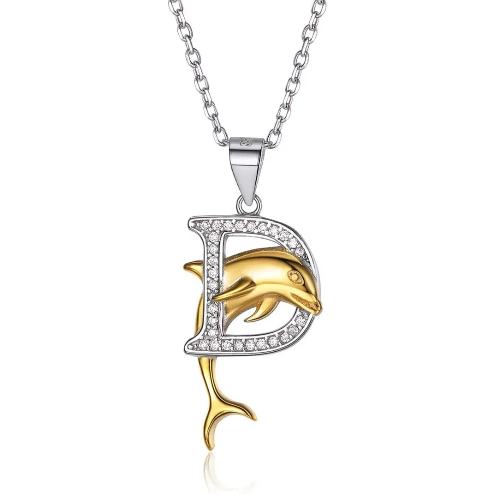 

D Initial Letter Necklace with Dolphin 18K Gold Plated Sterling Silver CZ Alphabet Pendant Necklace