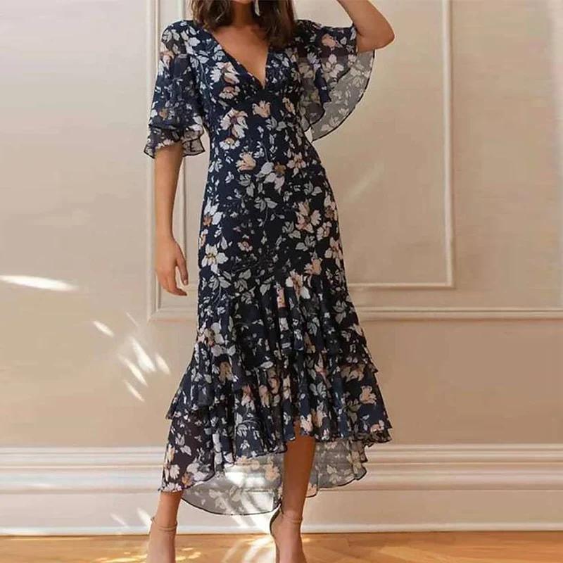 

Sexy V-Neck Ruffles Long Dress Floral Print Beach Dress Temperament Light Mature Celebrity Leisure Vacation Women Chiffon Dress