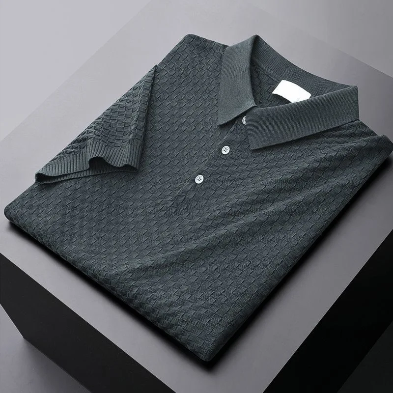 

Light luxury high-end fashion waffle knit T-shirt men's lapel 2023 summer new trend Korean casual stretch breathable POLO shirt