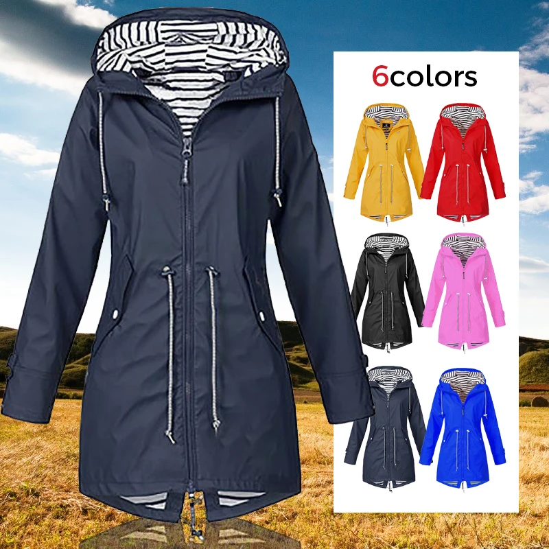 Women Fashion Raincoat Windbreak Rain Outdoor Camping Windproof Jacket Hiking Lightweight Hooded Coats Casual Plus Size S-5XL