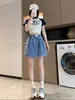 High Waist A-Line Denim orts Women's Summer plus Size Slimming Casual Elastic Wide Leg Five-Quarter Pants