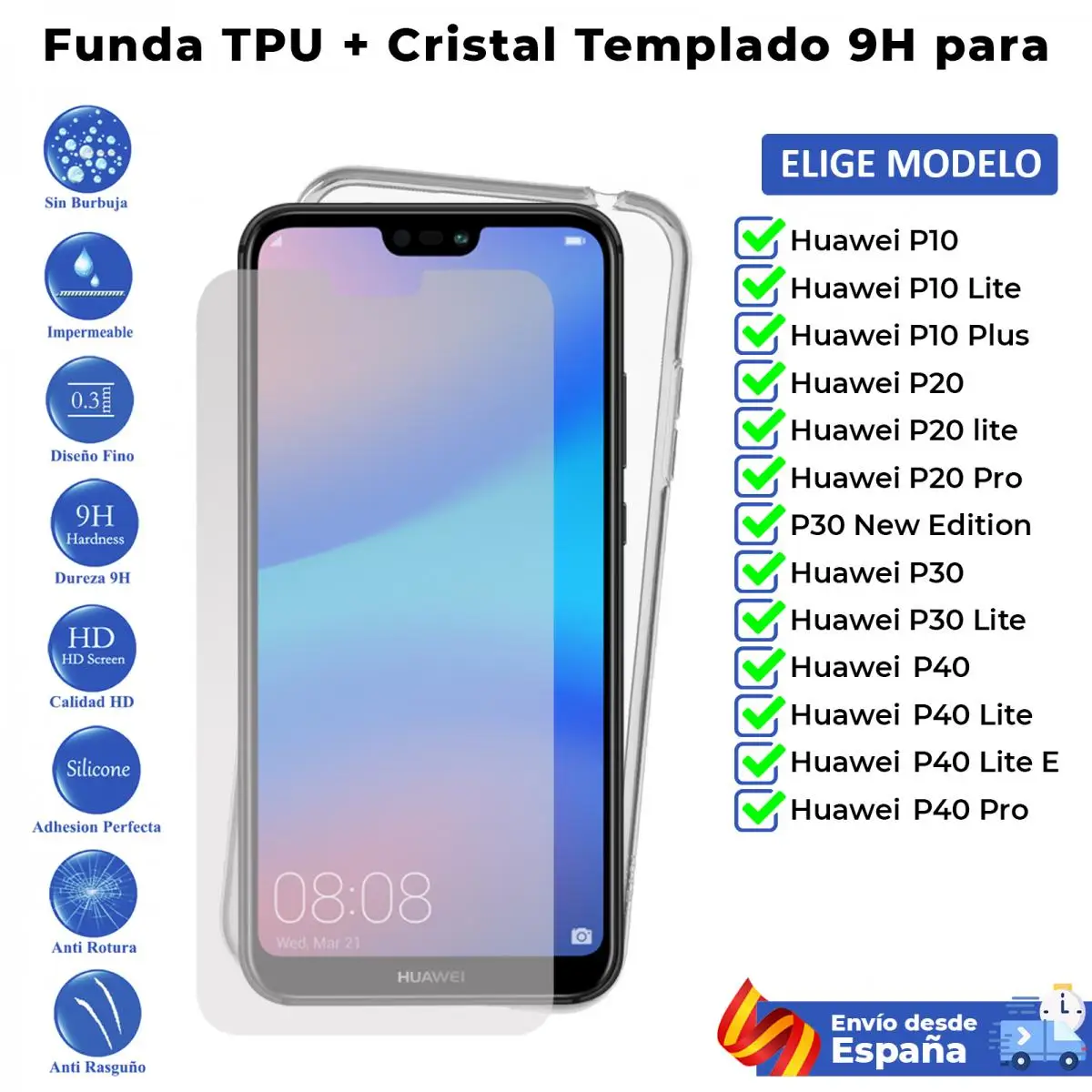 Cover E Protector Per Huawei P10 P20 P30 Plus Pro New Edition. Schermo In Vetro Temperato E Custodia Per Telefono Trasparente