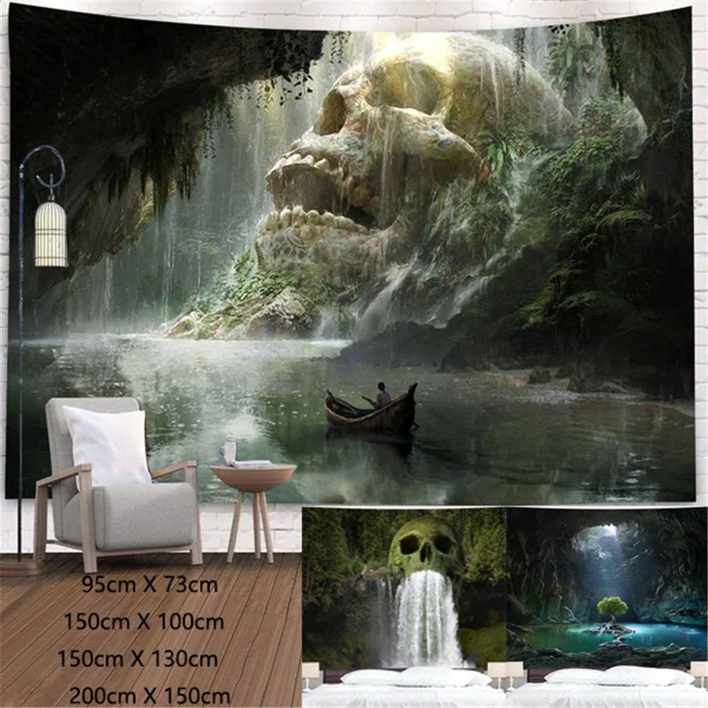 Natural Skull Head Water Spray Waterfall 3D Printing Tapestry Wall Home Decoration Wall Background Cloth(95X73cm/150X100 Cm) tapestry decor