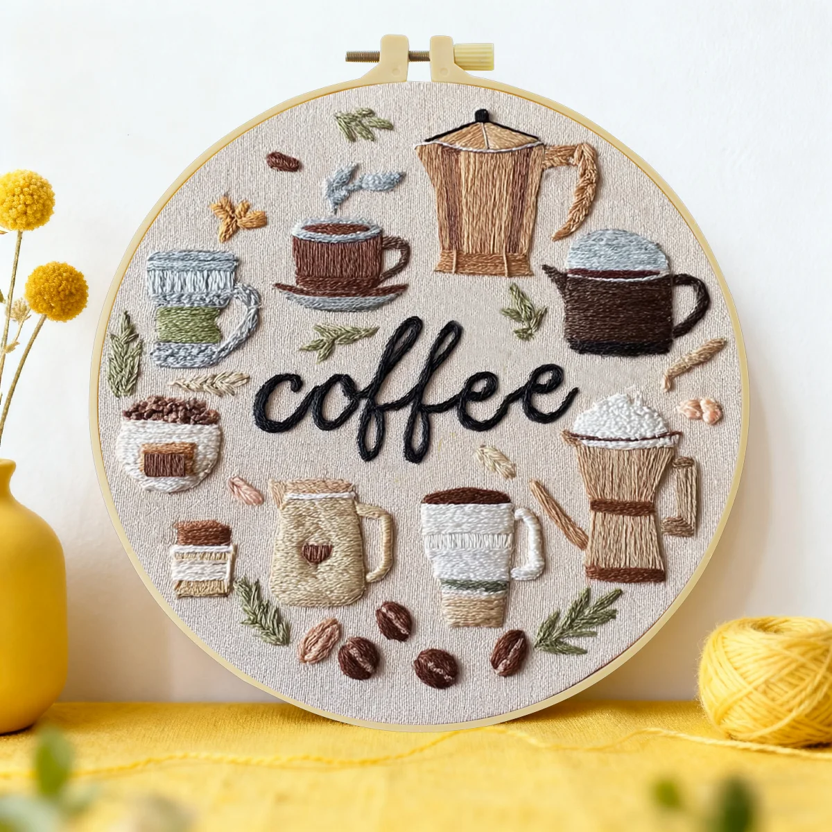 1 Stück 20X20CM/15X15CM 7,87/6,3 Zoll Kaffee-Stickerei-Starter-Kit DIY-Kit DIY-Stickerei-Set Handarbeiten Malerei Nadelkunst