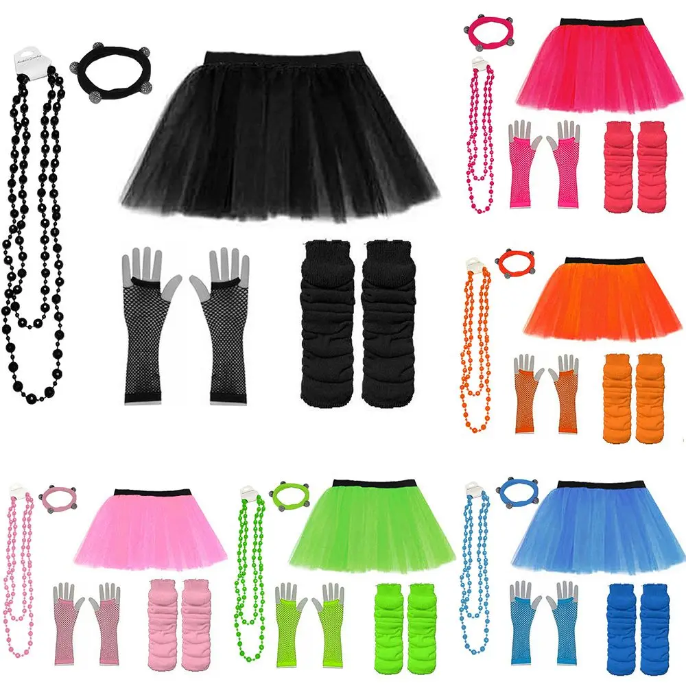 

Earring Tutu Skirt Gloves Beads Leg Warmer Hen Party Costumes Set Neon 80s Fancy Dress